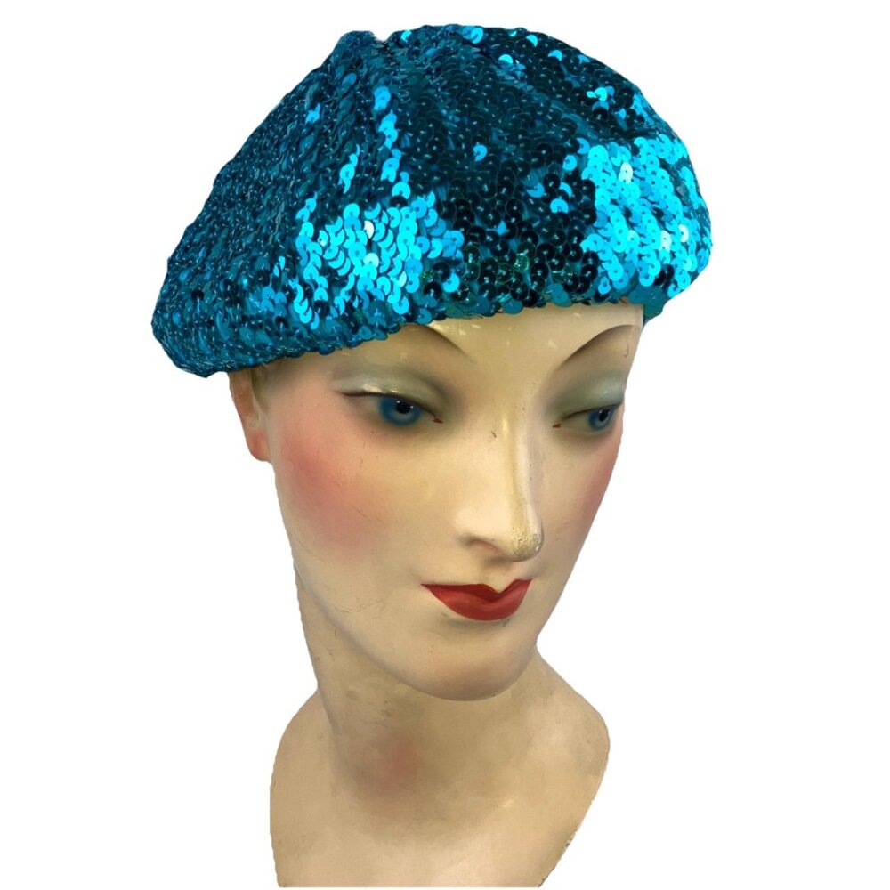 70s Teal Full Sequin Beret Disco Roller skating Vintage 1970s
